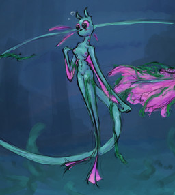 anthro blue_body blush breasts creepy female fur genitals gills membrane_(anatomy) nipples nude seaweed simple_background solo tail vulva alexleviafan rain_world videocult rivulet_(rain_world) felid mammal slugcat digital_media_(artwork)