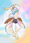 abstract_background anthro balls_outline barefoot blue_clothing blue_hair blue_shirt blue_t-shirt blue_topwear briefs brown_horn bulge claws clothed clothing clothing_lift countershading detailed_bulge eyes_closed feet fur genital_outline grey_briefs grey_clothing grey_underwear hair horn leg_markings lgbt_pride long_tail male markings multicolored_body navel penis_outline pink_hair pride_colors scales shirt shirt_grab shirt_lift slim smile socks_(marking) solo t-shirt tail tail_hair tail_tuft tan_body tan_countershading tan_scales tan_tail toe_claws topwear transgender_pride_colors tuft underwear white_body white_ears white_fur yellow_claws yellow_inner_ear yellow_tail_tuft birdpaw_(artist) mythology arthropod beetle dragon insect mythological_creature mythological_scalie scalie 2023 full-length_portrait hi_res portrait