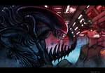 ambiguous_gender anthro antlers bared_teeth black_body bodily_fluids brown_body brown_eyes brown_fur clothed clothing drooling duo fangs fur horn inside male nude open_mouth saliva saliva_string sitting teeth acidic alien_(franchise) alien deer mammal xenomorph hi_res