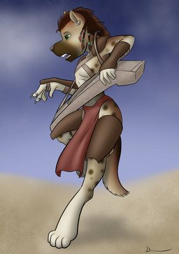 accessory action_pose anthro armor bottomwear braided_hair clothed clothing digitigrade ear_piercing eyebrows hair hair_accessory holding_musical_instrument holding_object loincloth male markings musical_instrument open_mouth piercing plucked_string_instrument pose simple_background solo spots spotted_body string_instrument teeth tongue danaume gnoll hyena mammal spotted_hyena hi_res