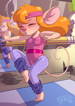 3_toes 4_fingers accessory aloha_shirt anthro barefoot being_watched biped black_eyebrows black_eyes black_nose blue_clothing blue_leg_warmers blue_legwear blush blush_lines bodily_fluids breasts brown_body brown_fur camel_toe cleavage clothed clothed_anthro clothed_female clothed_male clothing dancing exercise exercise_mat eyebrows eyelashes eyes_closed fedora feet female female_anthro female_focus fingers fist flying_sweatdrops fur group hair hat headband headgear headwear inside leaf leg_warmers leggings legwear leotard long_hair looking_at_another male male_anthro medium_breasts mirror motion_lines multicolored_body multicolored_clothing multicolored_fur multicolored_shirt multicolored_topwear nipple_outline open_mouth orange_hair pattern_clothing pattern_shirt pattern_topwear pencil_(object) pink_clothing pink_headband pink_inner_ear pink_leotard pink_nose pink_tongue plantigrade purple_clothing purple_leggings purple_legwear red_clothing red_shirt red_topwear reflection shirt snout solo_focus stump sweat sweatdrop sweaty_face tail tan_body tan_ears tan_fur tan_hat tan_headwear tan_tail teeth thin_tail tight_clothing toes tongue topwear trio two_tone_clothing two_tone_shirt two_tone_topwear white_body white_fur yellow_clothing yellow_shirt yellow_topwear mister_d chip_'n_dale_rescue_rangers disney chip_(disney) dale_(disney) gadget_hackwrench chipmunk ground_squirrel mammal mouse murid murine rodent sciurid 2026 dated hi_res signature brother_(lore) brothers_(lore) sibling_(lore)