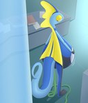 ambiguous_gender anthro belly belly_expansion big_belly blue_body blue_tail book expansion hand_on_belly hand_on_own_belly holding_belly hose hose_in_butt hose_inflation huge_belly inflation inside liquid_inflation looking_back motion_lines paper rear_view smile solo swelling tail water_inflation water_tank yellow_eyelids yellow_eyes hgh-pine nintendo pokemon generation_8_pokemon inteleon lizard pokemon_(species) reptile scalie 2023 colored digital_media_(artwork) hi_res japanese_description shaded