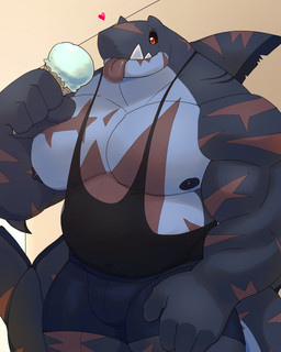 4_fingers barazoku belly biceps big_belly big_muscles black_clothing black_nipples black_sclera black_shirt black_topwear bottomwear clothing dessert dorsal_fin fangs fin fingers food grey_body heart_symbol holding_food holding_ice_cream holding_object ice_cream male muscular muscular_arms muscular_male nipples non-mammal_nipples orange_eyes pecs scar scars_all_over shirt shorts solo tail tank_top teeth teeth_showing tight_bottomwear tight_clothing tight_shorts tongue tongue_out topwear undersized_clothing same22shark nelson_(same22shark) aquatic fish shark 2022 digital_media_(artwork) hi_res portrait three-quarter_portrait