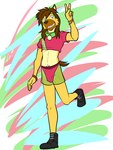 abstract_background anthro bracelet bulge clothed clothing collar crop_top ear_piercing eyeshadow fishnet_clothing footwear gesture green_eyeshadow hand_gesture jewelry makeup male mesh_shorts midriff navel nipples piercing shirt shoes solo topwear v_sign fuze fuzeyeen hyena mammal spotted_hyena 3:4 hi_res