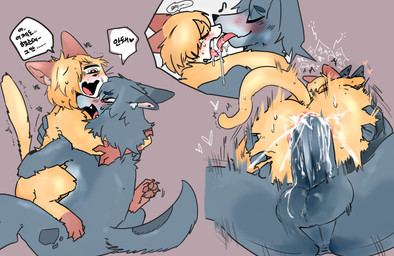 ambiguous_feral ambiguous_gender ambiguous_penetrated anal anal_penetration anthro anthro_on_feral anthro_penetrating anthro_penetrating_feral anus balls bestiality blonde_hair blush bodily_fluids butt butt_grab cat_tail cum cum_in_ass cum_inside cutaway dialogue dripping drooling duo ejaculation expression_cutaway eye_contact eyes_closed feral feral_penetrated feral_with_hair french_kissing from_front_position fur genital_fluids genitals grey_balls grey_body grey_fur grey_penis hair hair_over_eye hand_on_butt happy happy_sex heart_reaction hug hugging_another kissing looking_at_another looking_down looking_down_at_partner looking_up_at_partner male male/ambiguous male_anthro male_on_feral male_penetrating male_penetrating_ambiguous markings mastery_position motion_lines narrowed_eyes one_eye_obstructed onomatopoeia penetration penile penile_penetration penis penis_in_ass perineum raised_tail red_background saliva saliva_drip saliva_on_tongue saliva_string sex shaking simple_background sound_effects speech_bubble spots spotted_body spotted_fur tail tears text tremble_lines trembling white_body white_fur yellow_body yellow_fur vitame83 canid canine canis domestic_cat domestic_dog felid feline felis mammal absurd_res digital_drawing_(artwork) digital_media_(artwork) hi_res korean_text translated