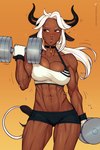 2:3 abs animal_humanoid bbc-chan big_breasts bovid bovid_humanoid bovine bovine_humanoid breasts cattle_humanoid dark_body dark_skin exercise female hi_res humanoid mammal mammal_humanoid muscular solo weightlifting weights workout