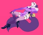 anthro clothing fashion footwear fur high_heels jewelry legwear lingerie male purple_body purple_fur shoes smile smirk solo thigh_highs translucent translucent_clothing visible_underwear white_body white_fur octorocktopus akukun canid canine canis mammal wolf