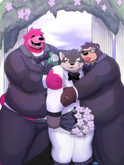 anthro blep bow_tie clothing digit_ring facial_scar group hug jewelry male male/male necktie overweight ring scar suit tongue tongue_out trio wedding wedding_ring k4llbe lifewonders tokyo_afterschool_summoners moritaka_(tas) bear canid canine canis domestic_dog mammal hi_res