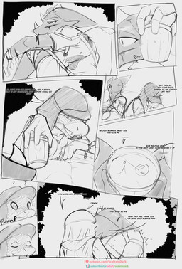 anthro bent_over clothed clothing dialogue duo first_person_view fur looking_at_viewer low-angle_view male outside side_view sitting smile text scalesindark canid canine furred_kobold furred_scalie kobold mammal scalie absurd_res comic digital_media_(artwork) english_text hi_res monochrome sketch url