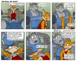 anthro biceps big_muscles bulge canid canine canis closet_coon clothed clothing colin_young comic dialogue digital_media_(artwork) duo english_text exercise fox gym holding_object leafdog male mammal muscular muscular_male poop_(artist) profanity red_fox rick_mooney text threatening true_fox weightlifting weights wolf workout wounded
