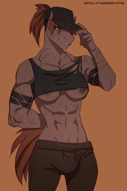 anthro arm_tattoo athletic bottomwear breasts brown_eyes bulge clothing crop_top gynomorph hair hand_behind_back hand_on_hat hat headgear headwear intersex looking_at_viewer muscular muscular_intersex nipple_slip nipples pants ponytail scar scars_all_over shirt simple_background smile smiling_at_viewer solo tattoo thigh_up topwear torn_clothing under_boob lotusgarden zitra_(lotusgarden) equid equine horse mammal 2:3 absurd_res hi_res