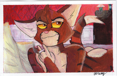 anthro bedding bedding_background bedroom bedroom_eyes butt cigarette cigarette_smoke male narrowed_eyes nude presenting presenting_hindquarters seductive smoke solo bravadospice lackadaisy dorian_zibowski felid mammal