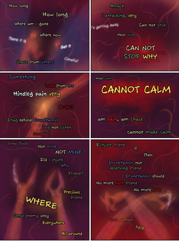 ambiguous_gender blood bodily_fluids broken_leg dialogue duo first_person_view glowing glowing_eyes glowing_legs pain panicking solo text wounded valsalia out-of-placers yannit arthropod human indrel mammal 2026 comic english_text hi_res female_(lore)