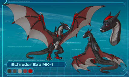 armor armor_plates athletic black_armor black_body black_scales claws clothed clothed_male clothing digitigrade exosuit feral fully_clothed fully_clothed_male headgear helmet horn looking_at_viewer male markings membrane_(anatomy) membranous_wings red_eyes scale_markings scales science_fiction sitting solo spacesuit spread_wings standing tail tail_weapon text toe_claws visor_helmet weapon weapon_on_back weapon_on_shoulder wing_claws wings cereus93 european_mythology mythology schrader dragon mythological_creature mythological_scalie scalie western_dragon wyvern 2025 5:3 absurd_res english_text hi_res model_sheet