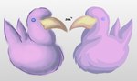 ambiguous_gender beak blue_eyes comparison duo feathers feral looking_at_viewer purple_body purple_feathers tail tail_feathers yellow_beak jubb avian bird 2018 lineless signature