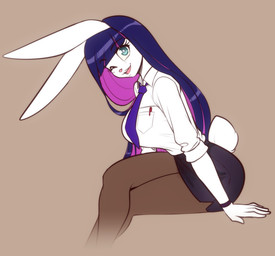 accessory anthro big_breasts bottomwear breasts clothing crossed_legs eyebrows eyelashes female hair long_hair necktie one_eye_closed open_mouth open_smile pencil_skirt pink_hair purple_hair secretary shirt sitting skirt smile solo teal_eyes topwear white_body wink wristband scorpdk lagomorph leporid mammal rabbit 2026 hi_res