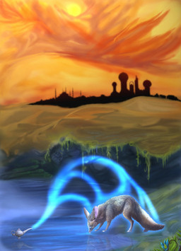 ambiguous_gender desert detailed_background feral lamp oasis outside quadruped sky solo sunset tail snow-wolf 1001_nights canid canine fox mammal hi_res