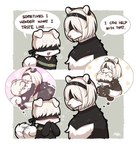 bite black_blindfold black_body black_fur blindfold claws duo feral feralized floppy_ears fur hair kissing motion_lines nom open_mouth tail tail_motion tailwag text thought_bubble white_body white_fur missaka i_wonder_what_i_taste_like nier_automata platinumgames yorha_2b yorha_9s canid canine canis domestic_dog felid mammal pantherine snow_leopard english_text hi_res meme