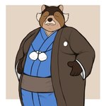 1:1 2024 ace_attorney anthro anthrofied canid canine capcom clothed clothing colored digital_drawing_(artwork) digital_media_(artwork) ernest_amano eyes_closed facial_hair fur grey_hair hair hi_res male mammal multicolored_body multicolored_fur mustache overweight overweight_anthro overweight_male raccoon_dog smush-sin tanuki