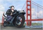 5_fingers anthro belt biker biped black_nose border bottomwear bridge chain chain_accessory clothed clothing collar day denim denim_bottomwear denim_clothing driving fingerless_gloves fingers footwear gloves golden_gate_bridge handwear holding_fixture jacket jeans kerchief landmark male motion_blur motorcycle outside pants partially_clothed san_francisco shoes sky smile solo sports_bike suspension_bridge text topwear vehicle unknown_artist real_world kokoes canid canine mammal digital_media_(artwork) english_text