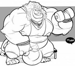 anthro belly belly_tuft big_muscles bottomwear bulge clothing exercise huge_muscles male mane musclegut muscular nipples overweight pecs shirt shorts solo tank_top topwear tuft weightlifting workout c-trigger felid lion mammal pantherine hi_res monochrome