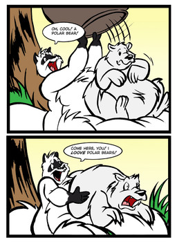 anthro black_body black_fur black_hands border cauldron dialogue duo feral fur grass imminent_vore male multicolored_body multicolored_fur obese obese_anthro obese_male overweight overweight_anthro overweight_male palm_tree plant red_insides speech_bubble text tree weight_gain white_border dutch_(artist) bear mammal polar_bear procyonid raccoon ursine 2011 colored comic english_text