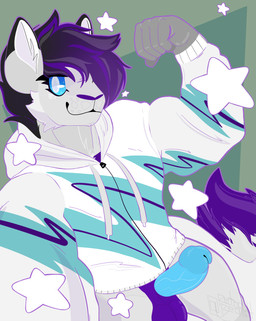 anthro balls blue_eyes blue_penis bottomless bottomless_anthro bottomless_male cheek_tuft clothed clothing ears_up erection facial_markings facial_tuft fingers fist flexing flexing_bicep fur genitals glistening glistening_body hair hair_over_eye head_markings high-angle_view highlights_(coloring) hoodie looking_at_viewer male markings mechanical_arm metal_arm mostly_nude multicolored_body multicolored_hair penis prosthetic prosthetic_arm prosthetic_limb purple_body purple_fur simple_background smile smiling_at_viewer smirk smirking_at_viewer solo star tail topwear tuft two_tone_body two_tone_hair white_body white_fur retrobeastto canid canine canis mammal wolf absurd_res digital_drawing_(artwork) digital_media_(artwork) hi_res lineless shaded