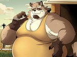 anthro belly big_belly brown_body brown_fur burglar clothing cloud criminal detailed_background fur humanoid_hands male outside overweight overweight_anthro overweight_male robber shirt smoking solo thief thug topwear john_vithor mammal procyonid raccoon 2023