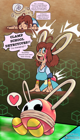 female metal text transformation virus dustyerror capcom mega_man_(series) mega_man_battle_network bianca_(dustyerror) hare lagomorph leporid mammal monster rabbit 4:7 absurd_res digital_media_(artwork) english_text hi_res trans_(lore) trans_woman_(lore)