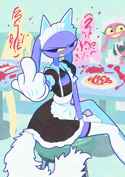 4_fingers annoyed anthro apron black_clothing black_dress black_eyes cat_ear_headband cat_tail clothing curved_tail dress duo exposed_chest eyeliner fingers fluffy fluffy_tail food gesture gloves green_stool hand_between_legs hand_gesture handwear heart_symbol ketchup ketchup_bottle legwear looking_aside looking_at_viewer maid_apron maid_headdress maid_uniform makeup male middle_finger omurice_(food) purple_body red_body sitting sitting_on_stool smile tail teeth thigh_highs thumbs_up toony uniform white_apron white_clothing white_gloves white_handwear white_legwear white_tail white_thigh_highs yellow_sclera yellow_teeth 20daysapple glitch_productions the_amazing_digital_circus evil_jax_(tadc) jax_(tadc) lagomorph leporid mammal rabbit 2025 absurd_res digital_drawing_(artwork) digital_media_(artwork) flat_colors hi_res