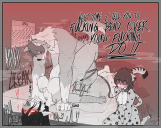 aggressive anniversary anthro asphyxiation beak bedroom blindfold blush bodily_fluids bouncing_breasts breasts calendar choking collar creaking cuckquean cum cum_on_face dialogue ears_down eye_roll female female_penetrated forced genital_fluids grabbing_sheets group heart_symbol kneeling leash leashed_to_leg male male/female male_penetrating male_penetrating_female mattress moan muscular muscular_male neck_tuft onomatopoeia open_mouth penetration pivoted_ears profanity sex sound_effects splurt spots stripes tail tears text throat_grab thrust_lines thrusting trio tuft kx_art mythology emby_(meidnabelle) illisia titania_(chromatic_bard) avian canid canine felid gryphon mammal mythological_avian mythological_creature pantherine snow_leopard hi_res monochrome