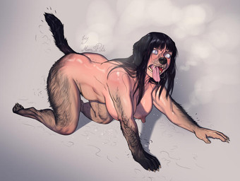 all_fours asymmetrical_transformation big_nipples black_body black_fur bodily_fluids breasts butt drooling female fur growth hand_transformation human_to_feral kneeling lactating nightmare_fuel nipples nude pawpads paws saliva shedding snout snout_growth solo species_transformation tail tail_growth tongue tongue_out transformation momspits ngmi naruto hinata_hyuga canid canine canis domestic_dog human mammal 2026 better_version_at_source