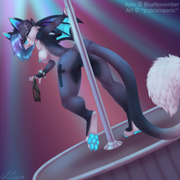 anthro breasts clothing ear_piercing female genitals inside membrane_(anatomy) membranous_wings nipple_piercing nipples nude piercing pole solo spikes thong underwear vulva wings jackalope_(artist) aylin_(character) bat hybrid mammal 1:1 2015 hi_res