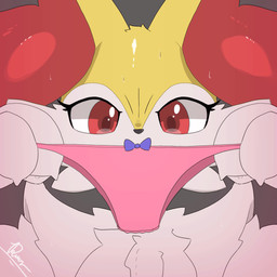 anthro bodily_fluids close-up clothing holding_clothing holding_object holding_panties holding_underwear panties red_eyes simple_background solo sweat sweatdrop underwear dengon nintendo panties_trend pokemon braixen generation_6_pokemon pokemon_(species) animated hi_res loop