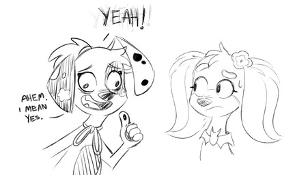 collar duo feral gesture hand_gesture male thumbs_up toony higglytownhero 101_dalmatian_street 101_dalmatians disney elvira_(cartooncross) fan_character purple_onion_(higglytownhero) canid canine canis dalmatian domestic_dog mammal mixed_breed monochrome traditional_media_(artwork)