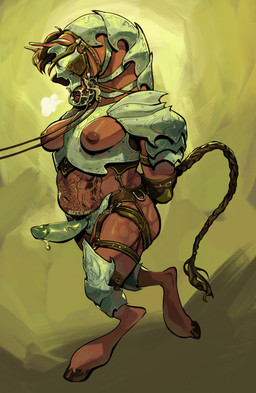 ambiguous_gender anthro armor bdsm belly bit_gag bound breasts collar exposed_breasts female gag gagged harness horse_tail knight muzzle_(object) petplay ponyplay reins roleplay service_top solo strapon submissive tattoo warrior butcherfangs arabian_horse equid equine horse mammal absurd_res hi_res