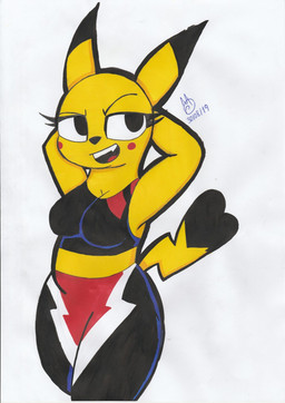 anthro black_body black_fur breasts clothing cosplay_pikachu_(costume) dipstick_ears dipstick_tail ear_markings eyebrows eyelashes female fur hands_behind_head hands_behind_own_head long_eyelashes markings midriff multicolored_ears open_mouth open_smile raised_eyebrow red_cheeks smile solo tail tail_markings teeth yellow_body yellow_fur sebaku nintendo pokemon pikachu_libre generation_1_pokemon pikachu pokemon_(species) 2019 dated hi_res signature