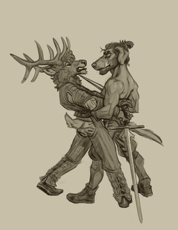 anthro antlers armor clothed clothing dagger duo facial_scar fantasy gambeson horn melee_weapon scar sword weapon momamo mick mo_(momamo) bird_dog canid canine canis cervine deer domestic_dog elk hunting_dog mammal retriever absurd_res hi_res