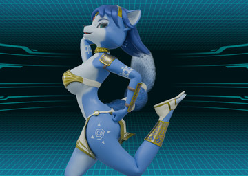 anthro bedroom_eyes female fur hand_behind_head hand_on_butt multicolored_body multicolored_fur narrowed_eyes pose seductive solo tribal semioriginalusername nintendo star_fox krystal_(star_fox) canid canine fox mammal 3d_(artwork) blender_(artwork) digital_media_(artwork) pinup