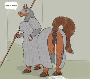 5_fingers after_sex after_vaginal animal_genitalia animal_vulva anus armor bedroom_eyes big_breasts big_butt bodily_fluids breasts brown_body brown_eyes brown_fur butt clothing cum cum_drip cum_from_vagina cum_in_vagina cum_inside cum_on_ground dripping equine_anus equine_genitalia equine_vulva female female_taur fingers fur genital_fluids genitals half-closed_eyes headgear headwear holding_object holding_weapon hooves looking_back melee_weapon narrowed_eyes open_mouth presenting presenting_anus presenting_hindquarters presenting_vulva puffy_anus quadruped raised_tail seductive smile solo speech_bubble standing tail text thick_thighs topwear vulva weapon wide_hips snakedakyoot equid equid_taur equine equine_taur horse horse_taur mammal mammal_taur taur digital_media_(artwork) english_text hi_res