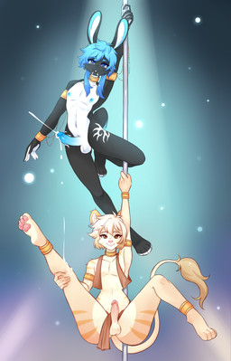 anthro bodily_fluids cum dancing duo femboy genital_fluids genitals jewelry male male/male pole pole_dancing inosagi finn_(itsjay) felid lagomorph leporid lion mammal pantherine rabbit absurd_res hi_res