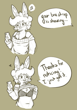 anthro bra clothing eyewear female glasses shoulderless_sweater solo underwear wearing_glasses bnnynsfw bra_strap_showing_(meme) lagomorph leporid mammal rabbit absurd_res hi_res meme