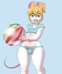 anthro ball beach_ball bulge clothing femboy hair holding_object inflatable looking_at_viewer male navel open_mouth pattern_clothing simple_background solo striped_clothing stripes white_body wide_hips mr-shin marvin_(mr-shin) mammal mouse murid murine rodent 2023 hi_res