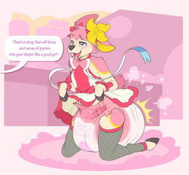 accessory ambiguous_gender anthro big_diaper black_nose bodily_fluids bow_ribbon clothing dialogue diaper dress drooling feces fishnet_clothing fishnet_legwear fur hair_accessory hooves hypnosis legwear mind_control pink_body pink_fur pooping ribbons saliva simple_background soiled_diaper soiling soiling_diaper solo speech_bubble spiral spiral_eyes text text_on_clothing thigh_highs unclean_diaper used_diaper using_diaper bubblepuppers nintendo pokemon deerling eeveelution generation_5_pokemon generation_6_pokemon pokemon_(species) spring_deerling sylveon english_text hi_res