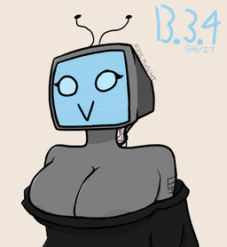 antennae_(anatomy) areola areola_slip b.3.4_(moss_muncher) big_breasts blue_face body_writing breasts female grey_body machine solo moss_muncher humanoid robot