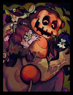ambiguous_gender ambiguous_human anthro black_border bolt_(fastener) border carrying_another female female_anthro group happy holidays jack-o'-lantern larger_humanoid larger_male male male_anthro male_humanoid muscular muscular_humanoid muscular_male on_shoulders riding size_difference smaller_ambiguous smaller_anthro smaller_female smaller_human smaller_male surgical_suture vampire_costume witch_costume zombie_costume miikpal deltarune halloween undertale_(series) jackenstein kris_dreemurr ralsei susie_(deltarune) bovid caprine darkner goat human humanoid mammal monster scalie 2025 absurd_res colored digital_media_(artwork) digital_painting_(artwork) halftone hi_res painting_(artwork)