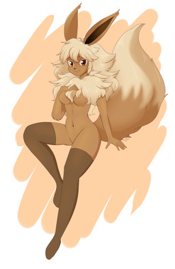 anthro breasts brown_body brown_eyes brown_fur chest_tuft clothing dipstick_tail featureless_breasts female fur genitals hair legwear legwear_only long_hair looking_at_viewer markings medium_breasts mostly_nude mostly_nude_anthro mostly_nude_female navel neck_tuft pose smile solo stockings stockings_only tail tail_markings tan_body tan_fur tan_hair text tuft vulva rainypaws nintendo pokemon eevee generation_1_pokemon pokemon_(species) absurd_res artist_name hi_res pinup
