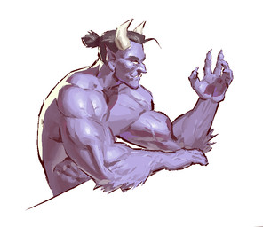 2_horns 5_fingers arm_tuft biceps black_eyebrows black_hair claws elbow_tuft empty_eyes eyebrows finger_claws fingers front_view hair head_horn horn humanoid_pointy_ears looking_aside male monotone_body muscular muscular_humanoid muscular_male pointy_ears ponytail pose purple_body side_view simple_background solo tuft underbite vein veiny_muscles white_background kingarthur_i humanoid 2023 digital_drawing_(artwork) digital_media_(artwork)