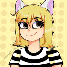 bangs black_eyebrows black_stripes blonde_hair brown_eyes brown_line_art closed_smile clothed clothed_female clothed_humanoid clothing dotted_background eyebrows eyelashes female hair inner_ear_fluff light medium_hair mouth_closed multicolored_clothing multicolored_shirt multicolored_topwear pattern_background pink_inner_ear shirt simple_background smile solo stripes tan_body tan_skin text topwear tuft two_tone_clothing two_tone_shirt two_tone_topwear white_clothing white_inner_ear_fluff white_shirt white_topwear yellow_background cankefh canke animal_humanoid felid felid_humanoid feline feline_humanoid humanoid mammal mammal_humanoid 1:1 2020 artist_name bust_portrait colored colored_line_art digital_drawing_(artwork) digital_media_(artwork) english_description hi_res lighting portrait shaded