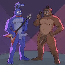 anthro balls bear_ears belly big_penis blue_eyes bodily_fluids bow_tie brown_body clothing darkened_balls darkened_genitalia darkened_penis duo electric_guitar electronics erection feet foreskin genital_fluids genitals guitar hat headgear headwear humanoid_genitalia humanoid_penis machine male male/male microphone musical_instrument nipples pecs penis plucked_string_instrument precum purple_body rabbit_ears red_eyes stage stage_lights standing string_instrument top_hat vein veiny_penis fructosed five_nights_at_freddy's scottgames bonnie_(fnaf) freddy_(fnaf) animatronic bear lagomorph leporid mammal rabbit robot 1:1 2023 absurd_res hi_res